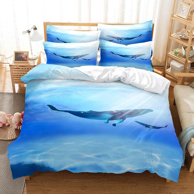 סט ציפית לשמיכה דולפין חמוד סט מצעים חיות אוקיינוס אופנתי כיסוי שמיכה למיטת קווין מבד פשתן סט מצעים לילדים בנים ובנות
