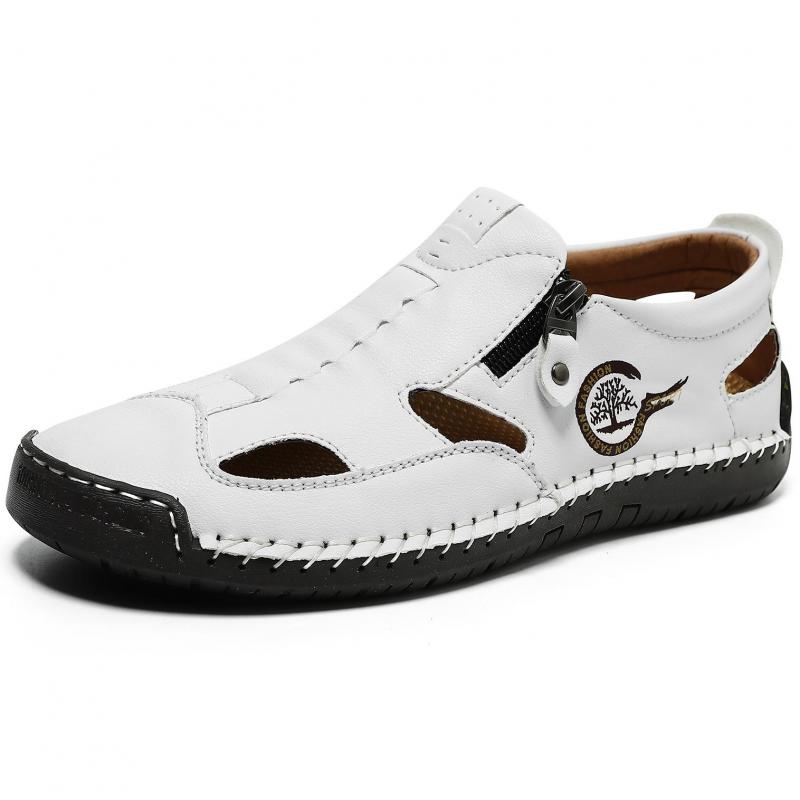 Fashion Summer Brown Genuine Leather Sandals for Men Low Heel Hollow Breathable Flat Shoes Soft Handmade Casual Shoes Luxury Beach Shoes