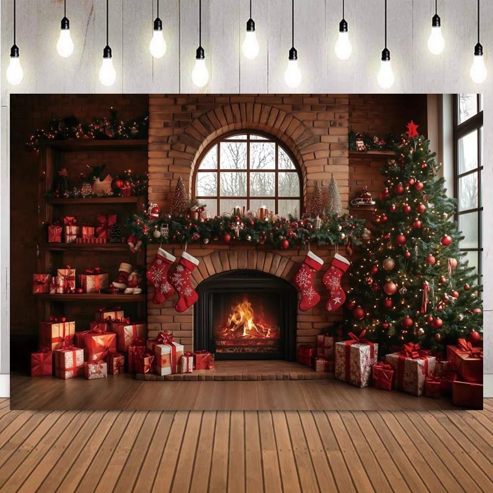 Christmas Classic Themed Photography Background Fireplace Xmas Tree Window Gifts Family Friends Party Decor Photo Backdrop Prop2
