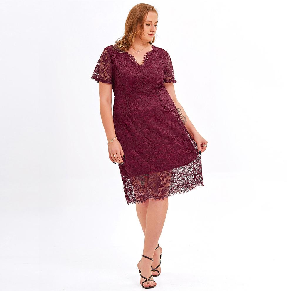 Rochie de damă, mărime mare, cu ajustare relaxată, dantelă florală, cu decolteu în V, mânecă scurtă, midi, pentru petrecere, haine de zi cu zi, birou, ținute de ocazie XL-4XL