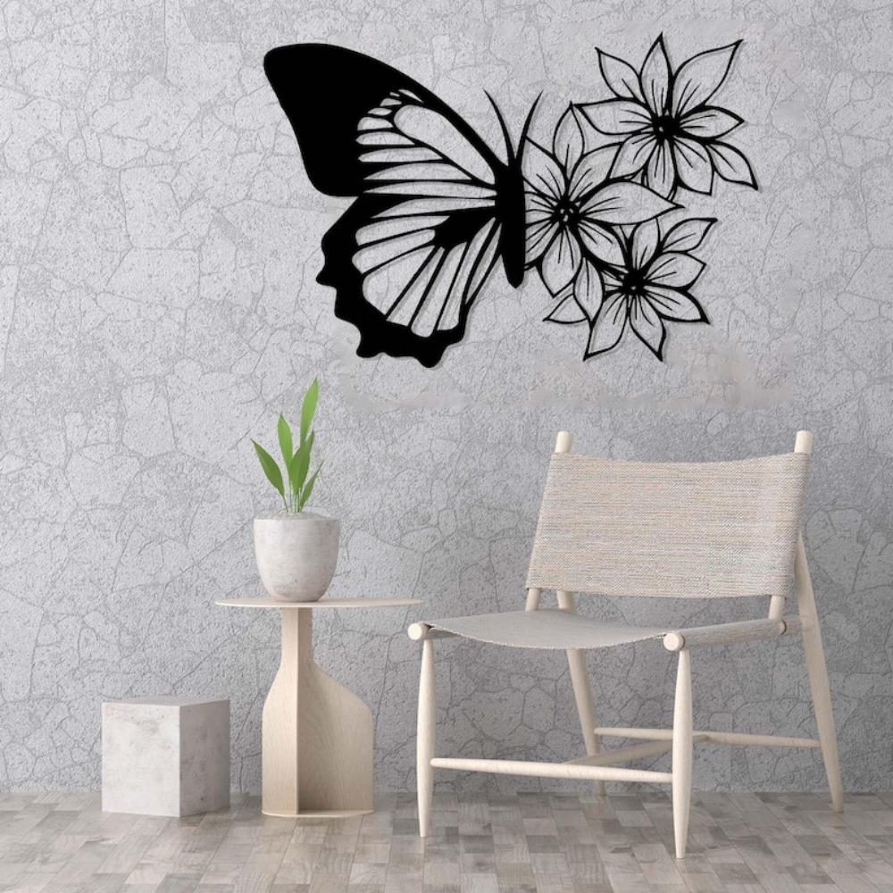 Black Metal Butterfly Flower Wall Art, Textured Steel Decor