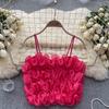 Summer Women's Camisole French Mesh Three-dimensional Flowers High Waist Short Camisole Vest Chic Wrap Tops