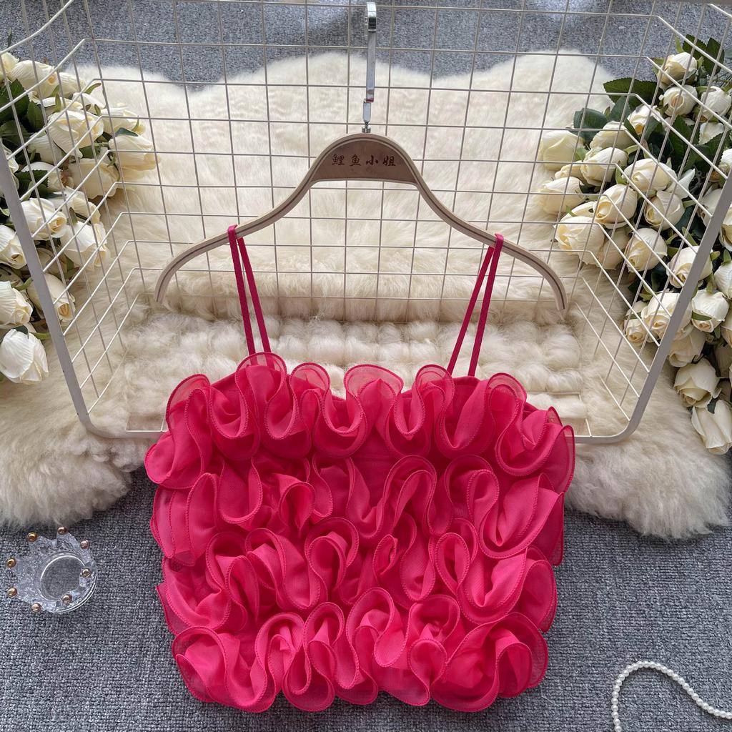 Summer Women's Camisole French Mesh Three-dimensional Flowers High Waist Short Camisole Vest Chic Wrap Tops
