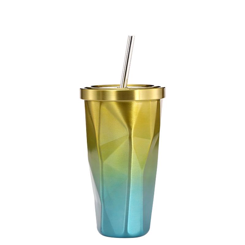 Colorful gradual change color ribbon straw coffee cup 500ml золотой