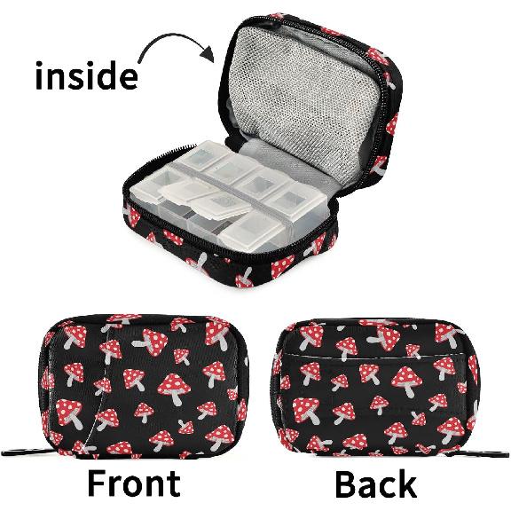 Cute Mushroom Pill Case, Portable Weekly Pill Box Bag Container 7 Days Pill Organizer Vitamin Supplement Holder with Zipper for Travel Family