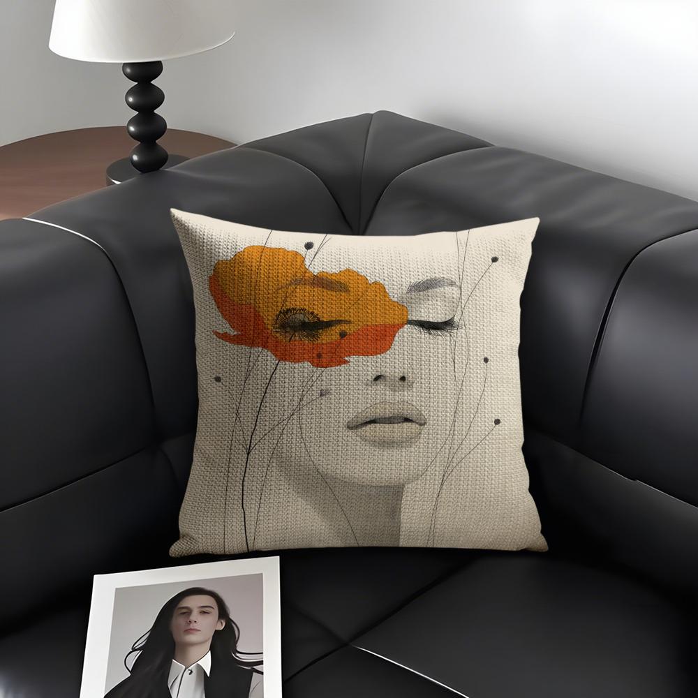 Flowers And Women Cushion Cover Natural Linen Organic Fabric DoubleSided Printing Sofa Home Decor Gift Pillow Case