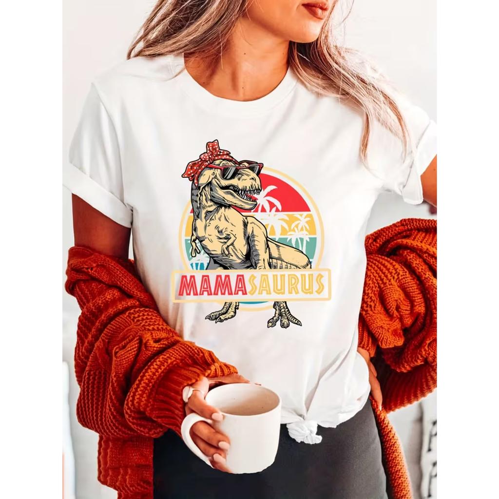 Black T-Shirt - Short Sleeve Crew Neck Casual Women's Top with Playful T-Rex Glasses & "MAMA SAURUS" Graphic