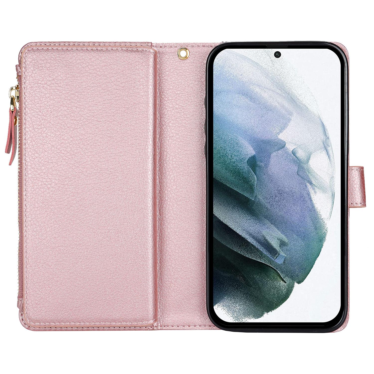 

XL-001 For Samsung Galaxy S23 Case Zipper Pocket Wristband Stand Leather Phone Cover Pink