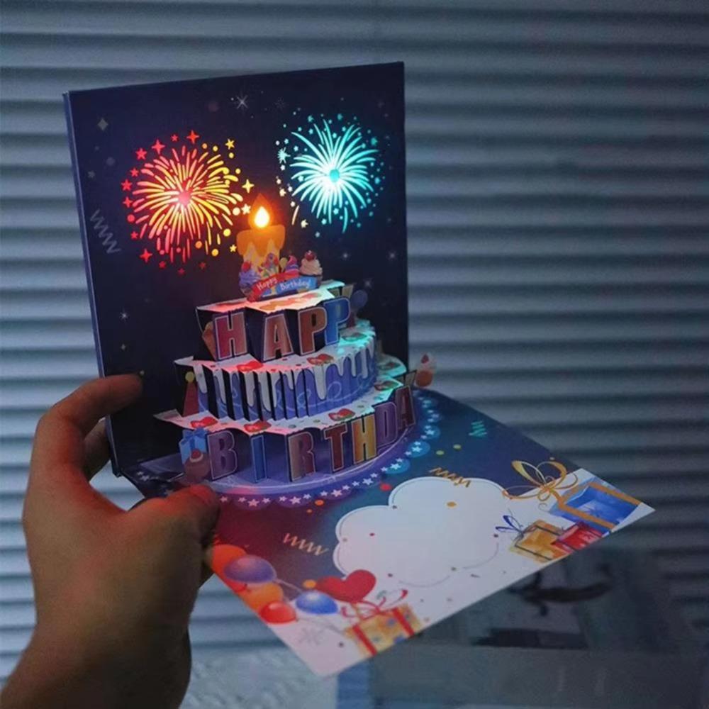 Musical and Light Happy Birthday Card Fireworks Effect Birthday Cake Postcards Father