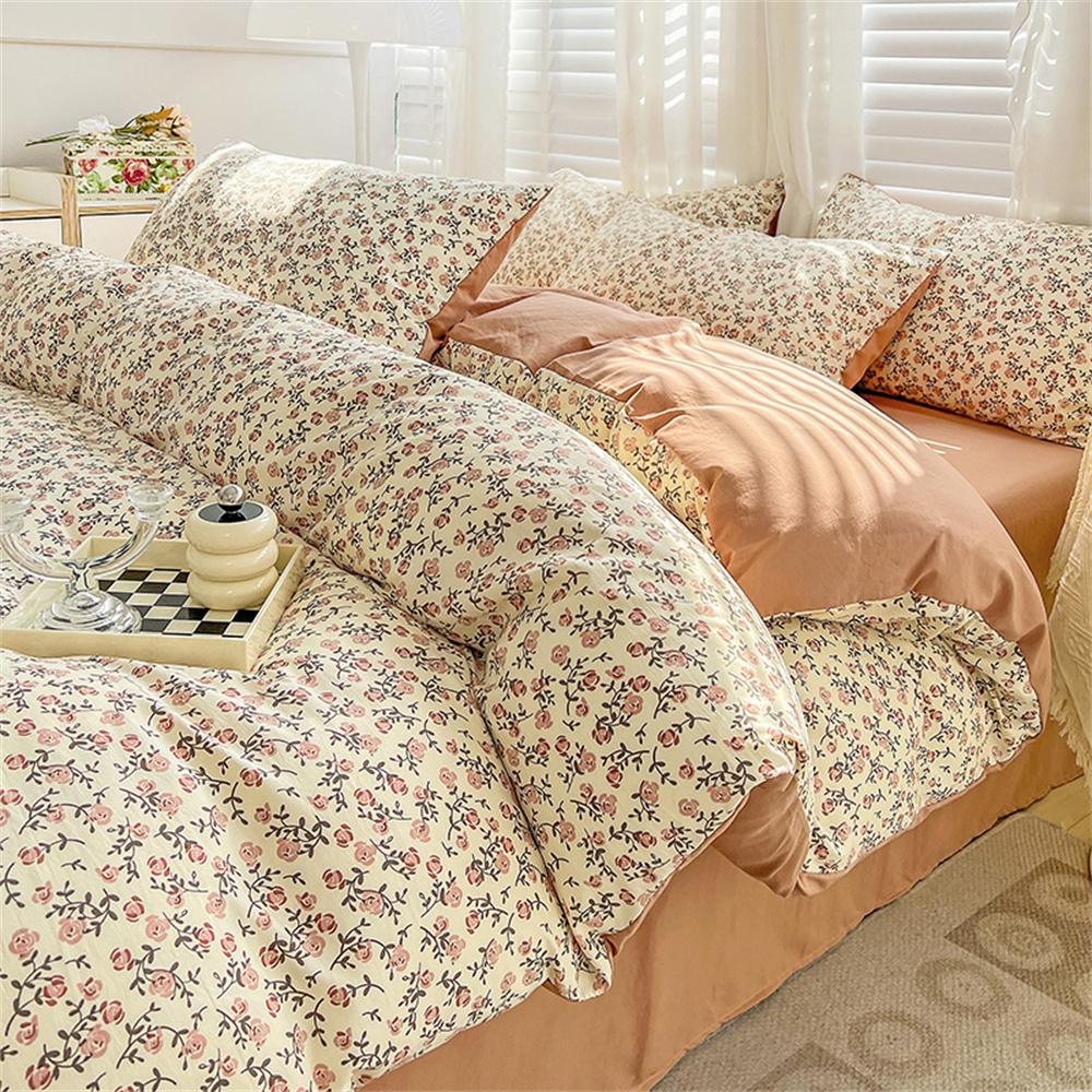 Four-piece Bedding Set Simple Duvet Cover Plant Flower Bed Sheet Adults and Kids Washed Cotton Pillowcase Home Textiles