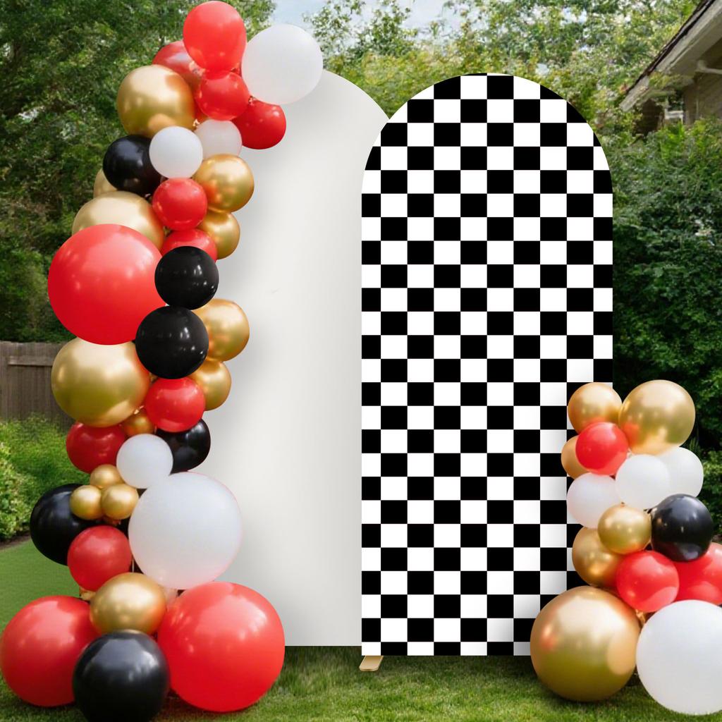 6.56ft Birthday Party Decorations Black & White Arch Cover Spandex Fitted Car Racing Arch Backdrop Covers for Kid Boys Party