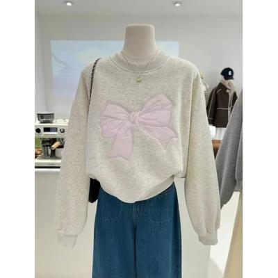 Embroidered Bow Autumn Winter Korean Style Sweet Velvet Thickened Warm Loose Round Neck Pullover Versatile Sweatshirt for Women