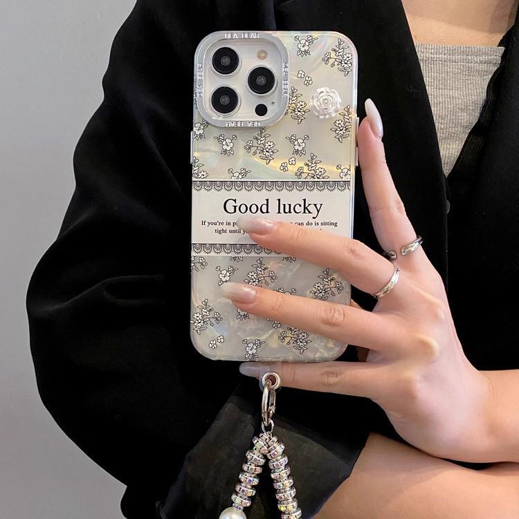 Lux Shell Texture Camellia iPhone 17 Pro Max Case with Apple 16 Rhinestone Bracelet for 15 PM