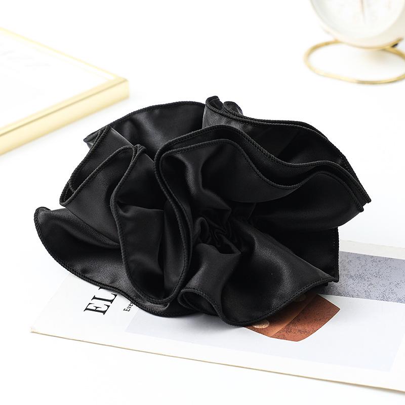 Zhao Lusi Inspired Black Satin Scrunchie with Elegant Ruffled Edge