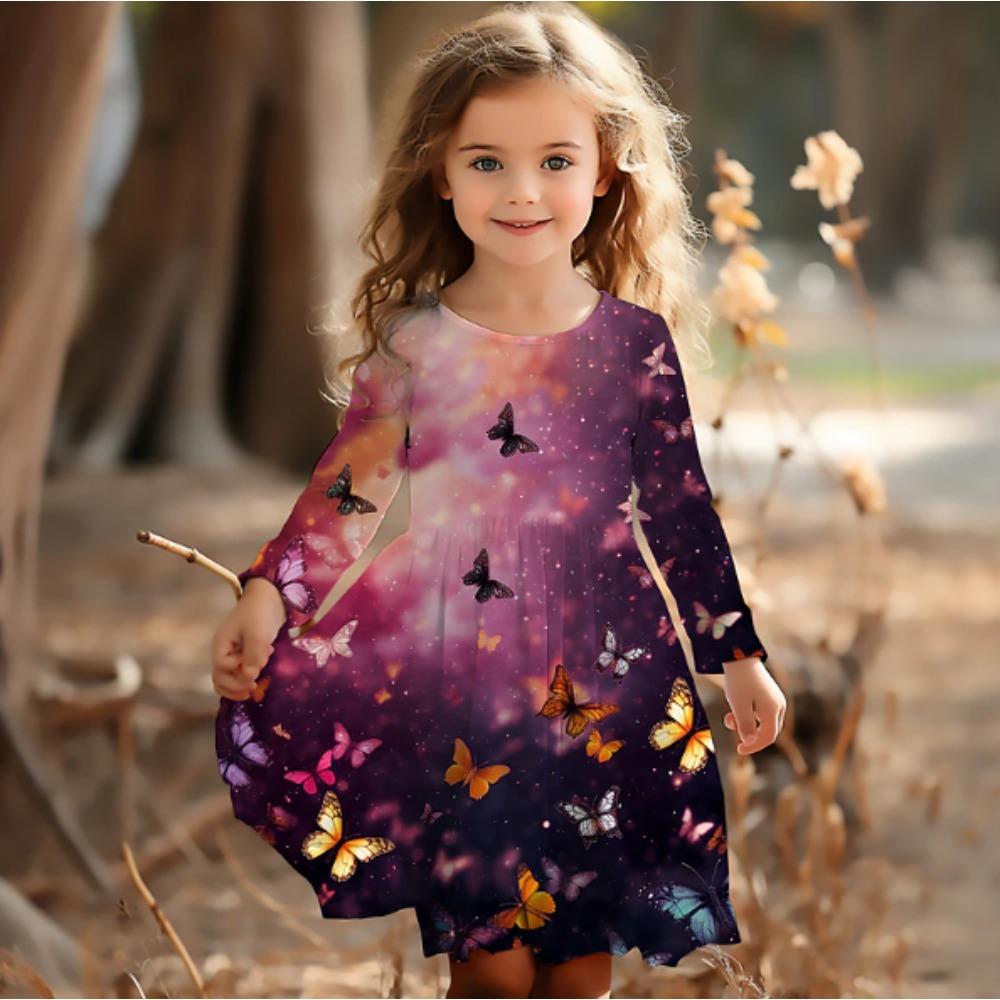 Vestito Casual da Bambina con Stampa 3D a Farfalle, Girocollo, Manica Lunga, Vestito da Principessa per Bambina