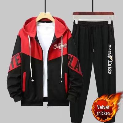 Men's Trendy Hooded Fleece Sweatshirt & Casual Baseball Uniform Two-Piece Set for Autumn/Winter Teens