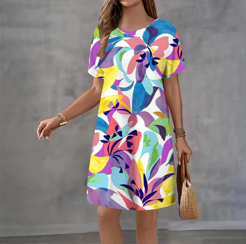 Modisches 3D-Druck Sommerkleid Locker Lässig Kurzarm Rundhals Minikleid