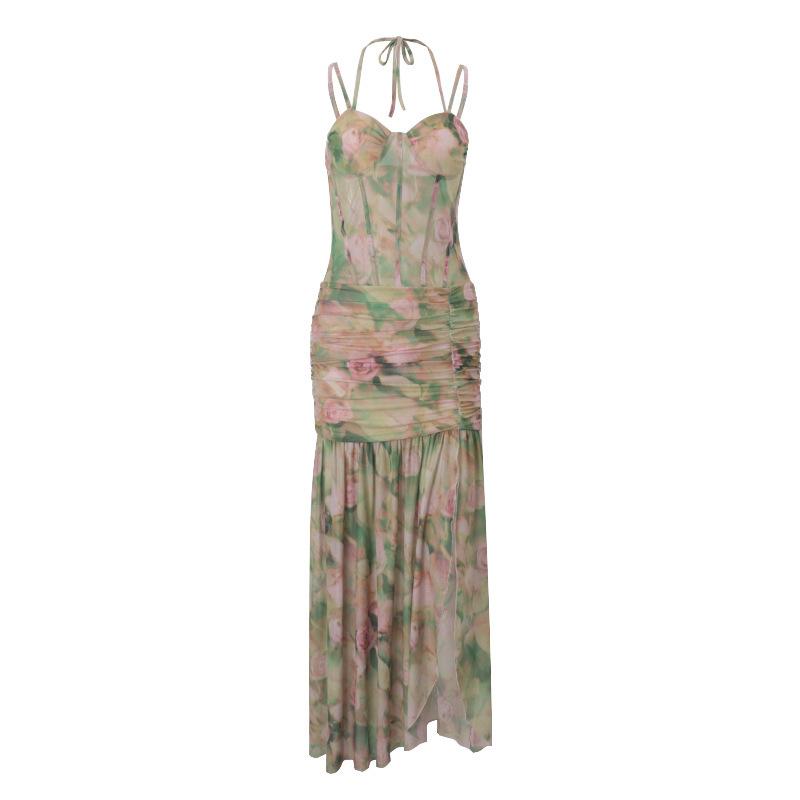 

European and American women s clothing spring new sexy suspender print resort beach high waist thin split dress women L зелений