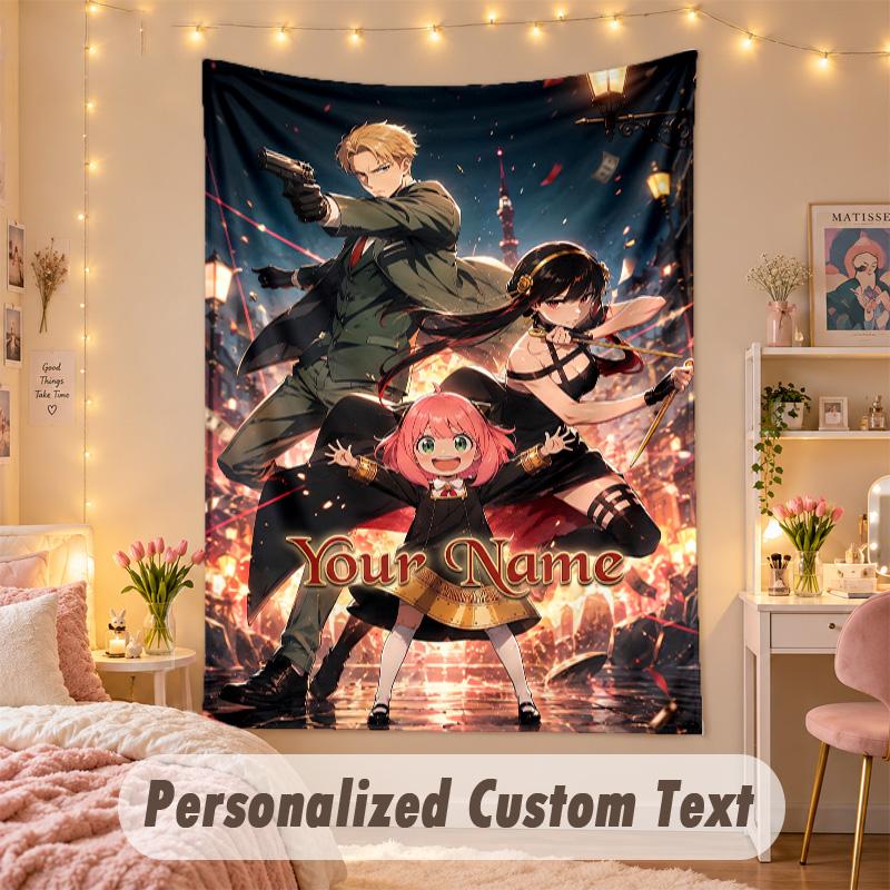 Custom Personalized Tapestry,Spy × Family Print Custom Name Text Wall Art Hanging for Bedroom