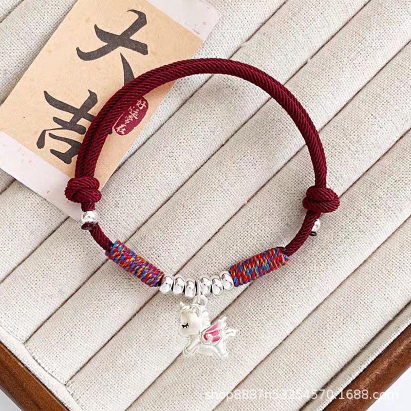 Sterling Silver Unicorn Bracelet with Red String - New Chinese Style, Year of the Ox, Women's Lunar New Year Gift.