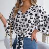 GMXIA Moda damska Casual Lato Nadruk w panterkę Rękawy 1/2 Dekolt w kształcie litery V Luźne bluzki i sznurowane szyfonowe topowe koszule