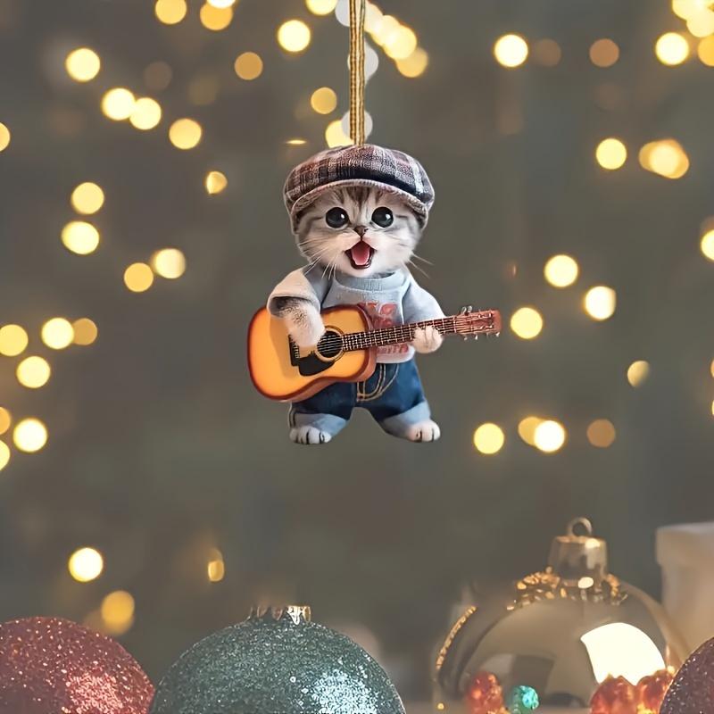 Charming Acrylic Flat 2D Guitar Cat Car Mirror Ornament - Home and Vehicle Decoration School Bag Pendant