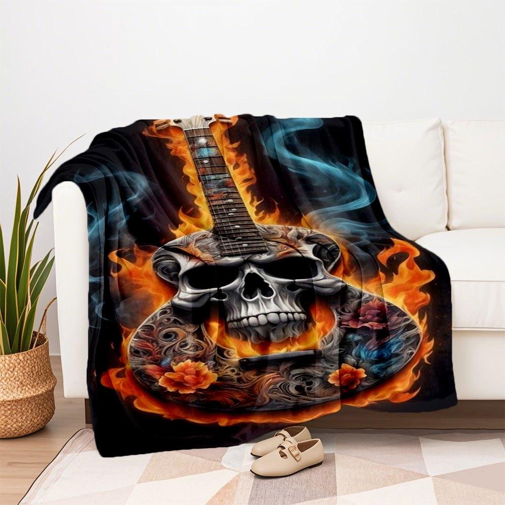 Flaming Skull Guitar Art Print - Musician GiftBlanket Flannel Throw Blanket for Sofa, Bed, Travel, Camping, Office