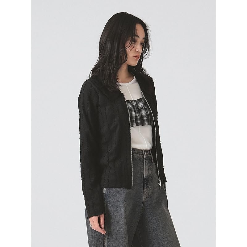 [Ray Beams] L/S TEE stripe shirring zip shirt ladies BLACK ONE SIZE