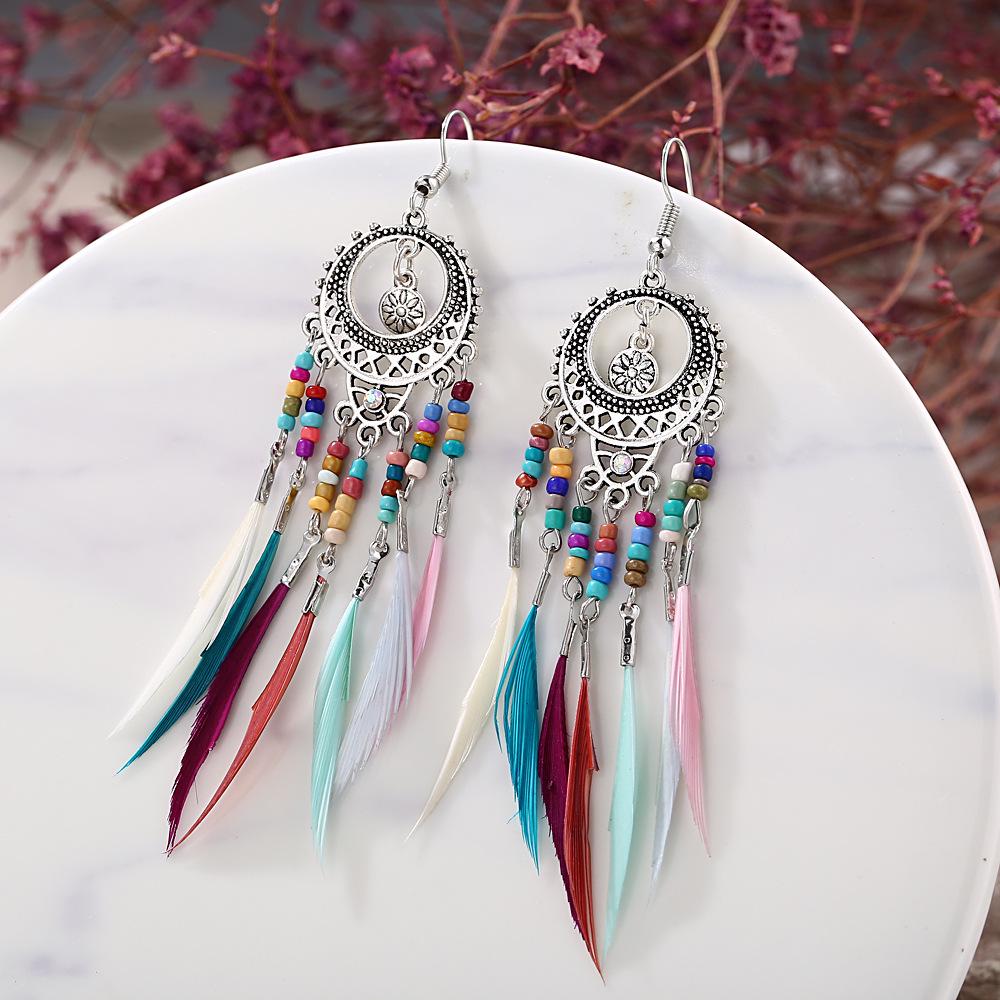 Retro Ethnic Style Hollow Out Carving Colors Beads Feather Tassel Earrings