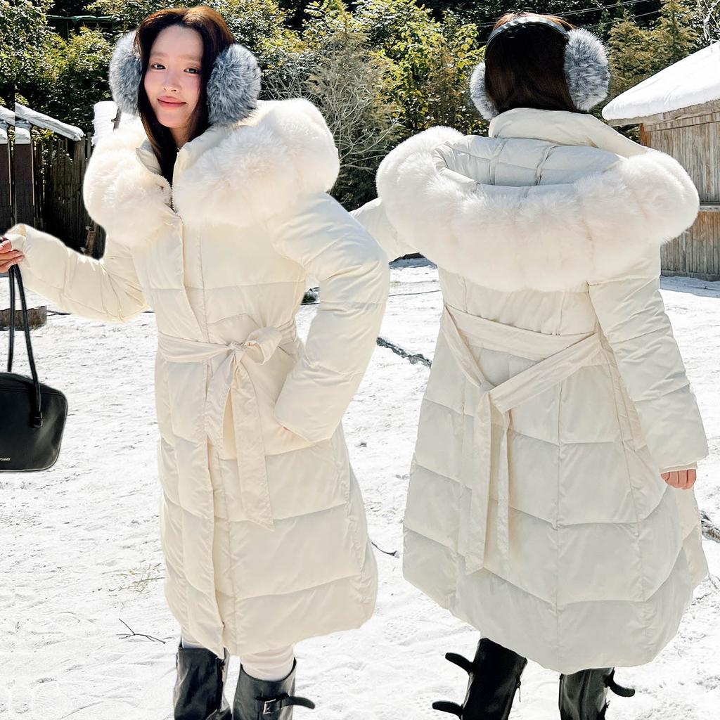 European and American big fur collar waist long down cotton clothes women's knee slim fit thickened warm winter versatile jacket