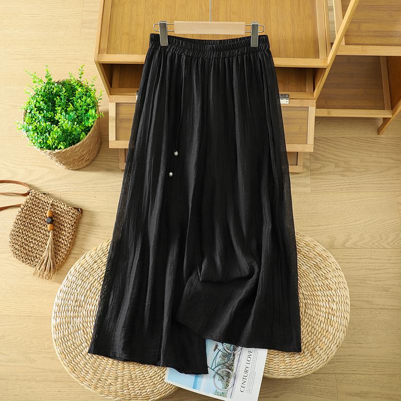 DIMANAF Plus Size 2026 Women Linen Pants Elastic Waist Vintage Basic Lady Solid Lace Wide Leg Long Pants Oversize Loose Tencel