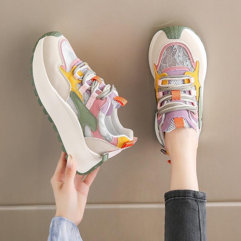 Trend versatile thick-soled heightening women's shoes 2025 summer new color matching student breathable mesh single shoes sports and leisure