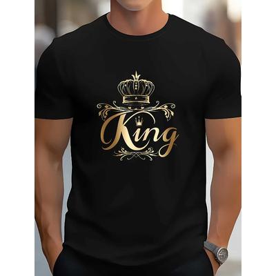 Men's Black Regal Golden Crown T-Shirt ,Comfort Fit Short Sleeve Round Neck, Casual & Outdoor Wear, Durable Print for Summer - Machine Washable