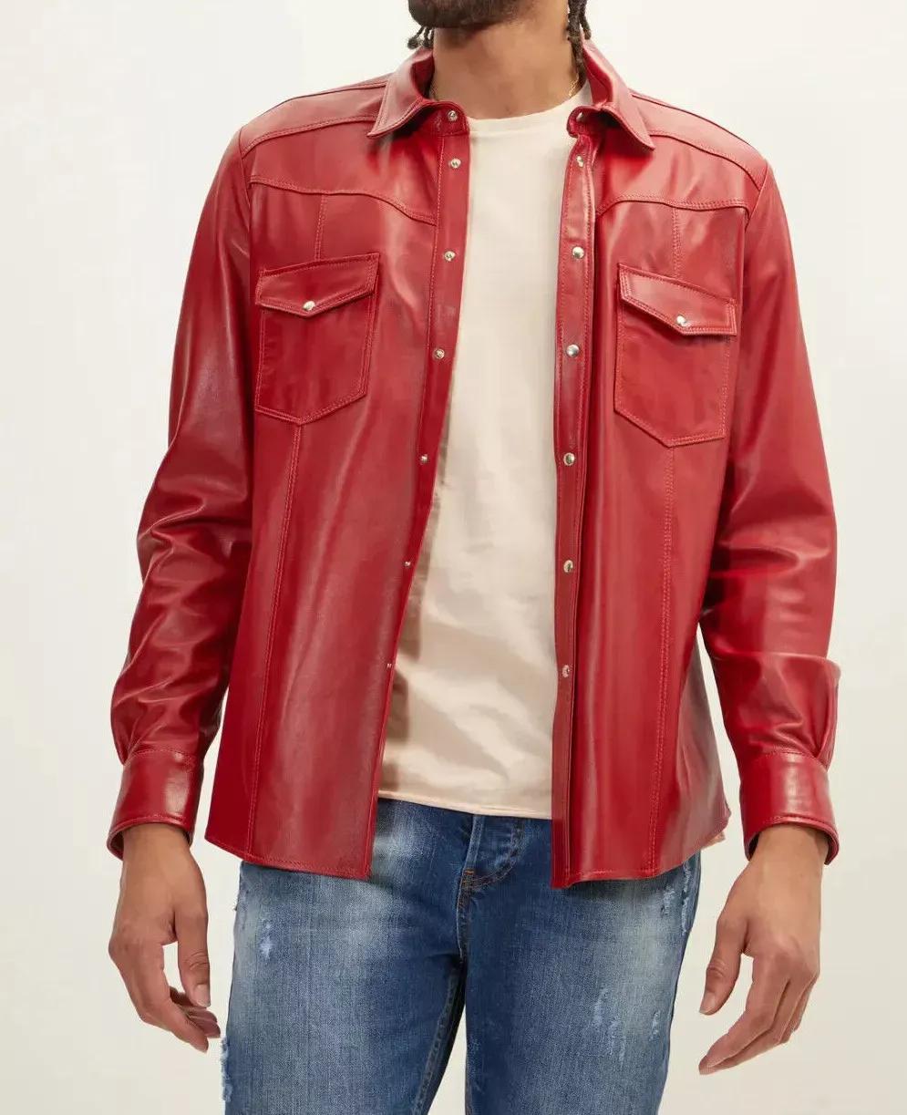 

Красная стильная официальная мужская рубашка из натуральной кожи ягненка, повседневная классика ручной работы 3XL красный