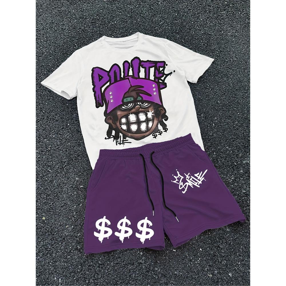 2026 New Spring American Hip-hop Style Men's Round-neck Top And Casual Shorts, Street Fashion Trend Men's Short-sleeved 2pcs Set