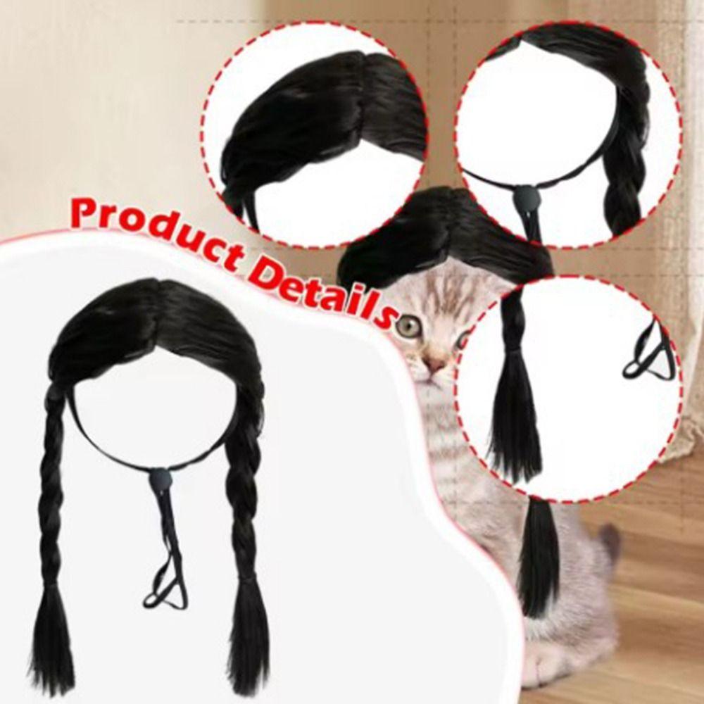 Funny Double Ponytail Pet Hairpiece Black Cosplay Wig Easy to Wear Animal Wig Festival Cosplay