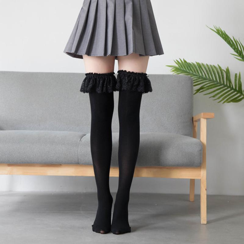 Woman Socks Lace Cute Black White Velvet Long Socks Sexy Calf Socks  Knee High Socks Cosplay Anime Ruffle Nylon Stockings