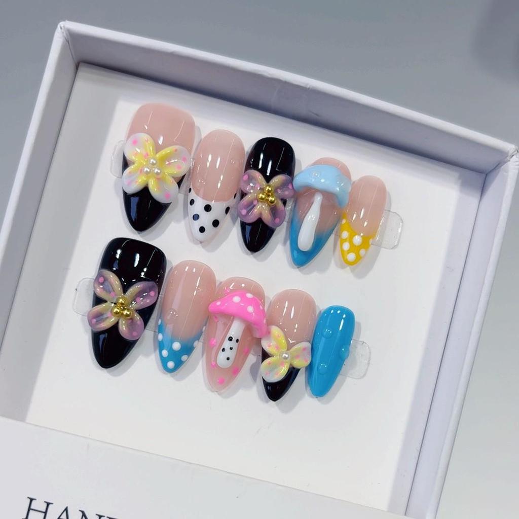 European Black & White Floral Press-On Nails with Almond Shape & Bow Accents