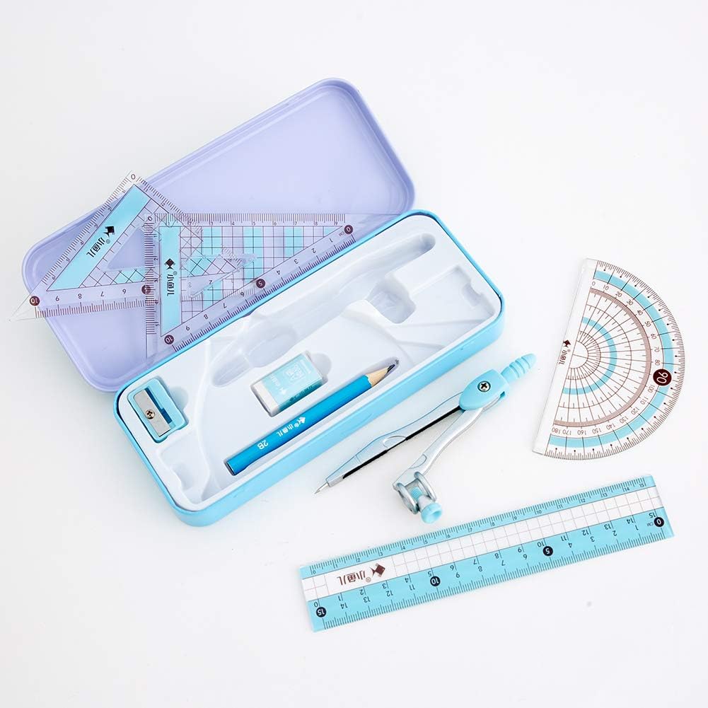 8 Pcs Compass/Math Set for Students with Shatterproof Storage Box, Geometry Set for School, Includes Ruler, Protractor, Compass, Pencil,Pencil