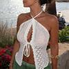 Women Sexy Halter Lace Up Backless Hollow Out Knit Cropped Top