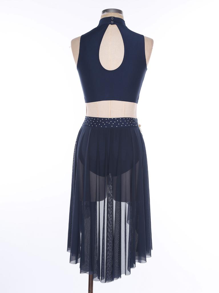 Womens Lyrical Dance Outfit Sleeveless Hollow Out Crop Top Irregular Mesh Hem Briefs Skirt Embroidery Applique Set