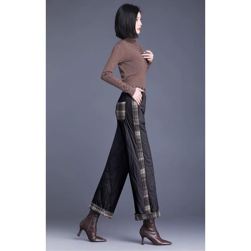 Fashion Women Winter Warm High Waist Cotton Padded Pants Plaid Patchwork Wide Leg Fleece Lined Trousers