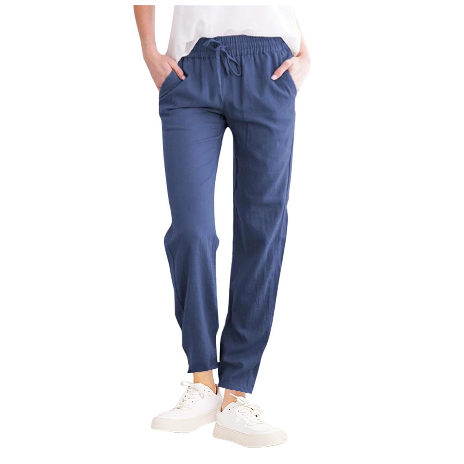 

Женские повседневные хлопковые и льняные однотонные длинные прямые брюки с эластичной резинкой на талии L синий