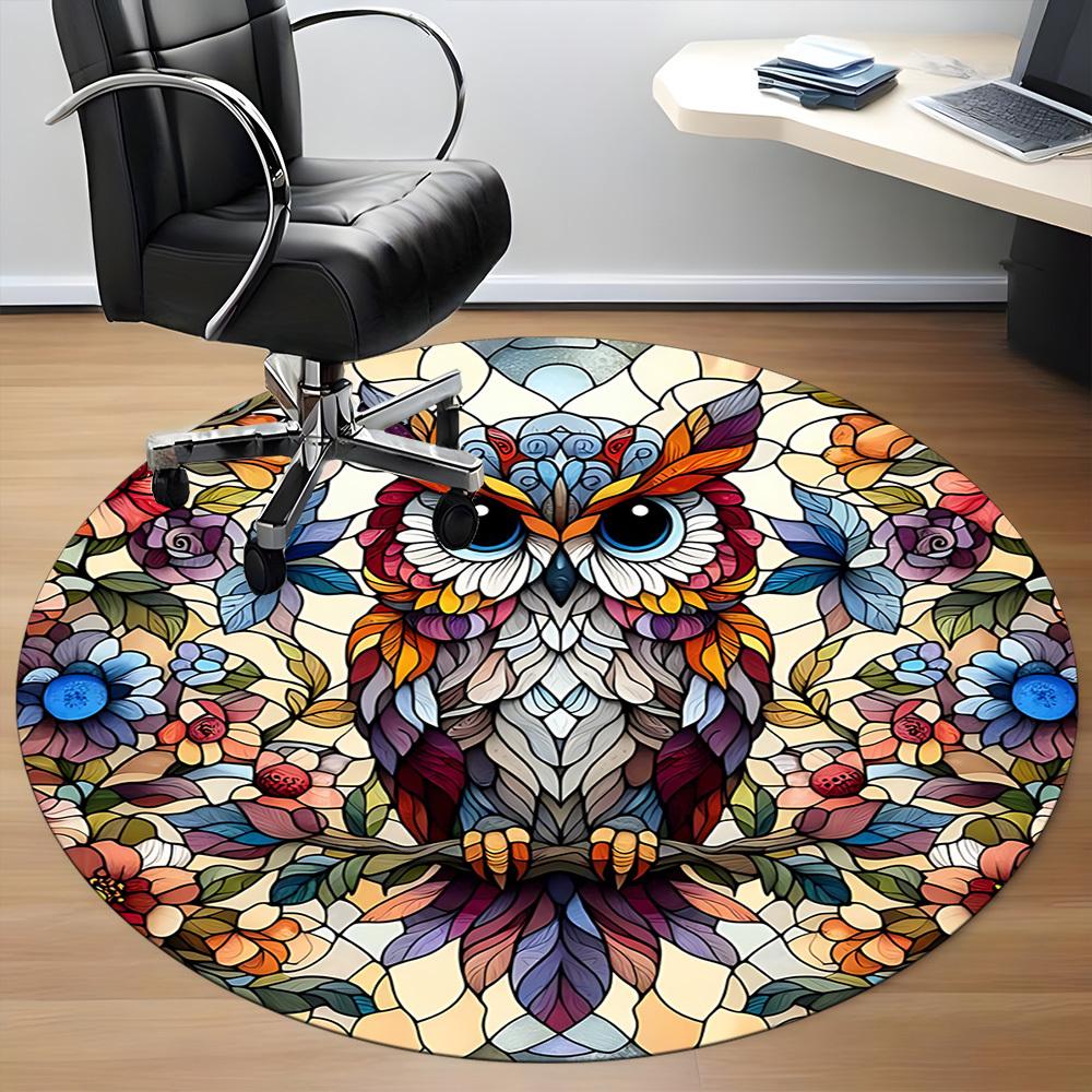1pc Stained Glass Owl Office Round Area Rug, Indoor Mat Suitable ForOffice, Under Office Chairs Bedroom Living Room Home Decor, Room Deco D149