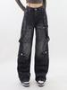 Vintage Black Gothic Y2k Cargo Jeans Women Wide Leg Denim Pants Oversize 2000s High Waist Jeans Ladies Korean Fashion Design Chic Baggy Trousers 2024