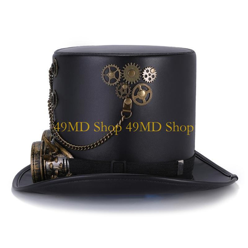 49MD Schwarzer PU-Leder Steampunk Hut Cosplay Kopfbedeckung für Maskenbälle Tanzveranstaltungen