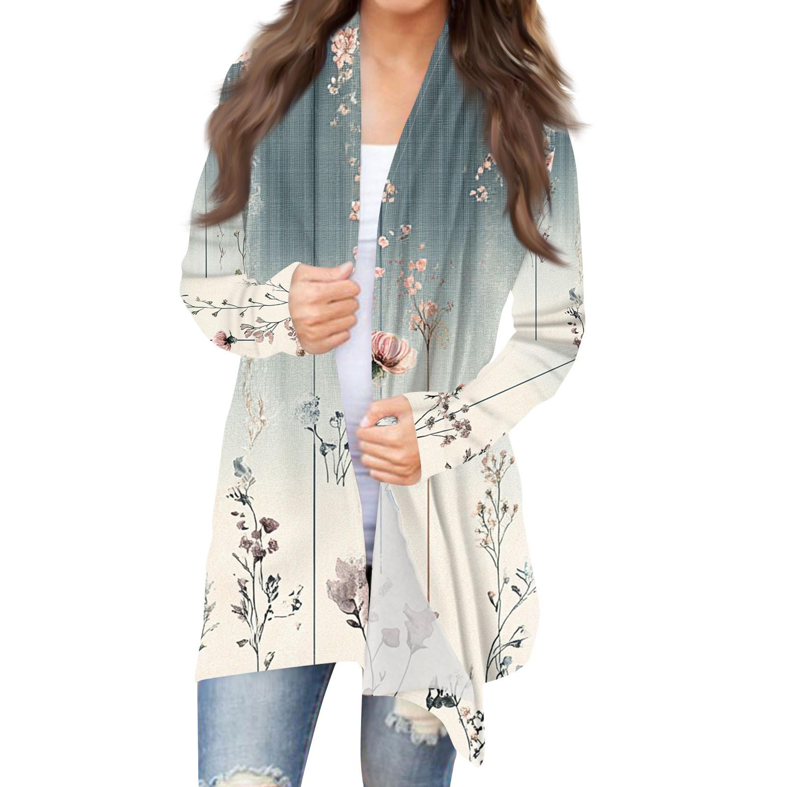 

Женская мода повседневная винтажная цветочная набивная куртка-кардиган средней длины M синий