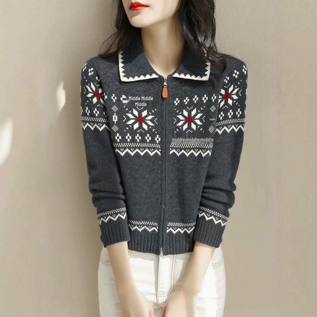 Women's Fair Isle Retro Knit Cardigan with Zippered Lapel - 2026 Spring/Autumn Collection.