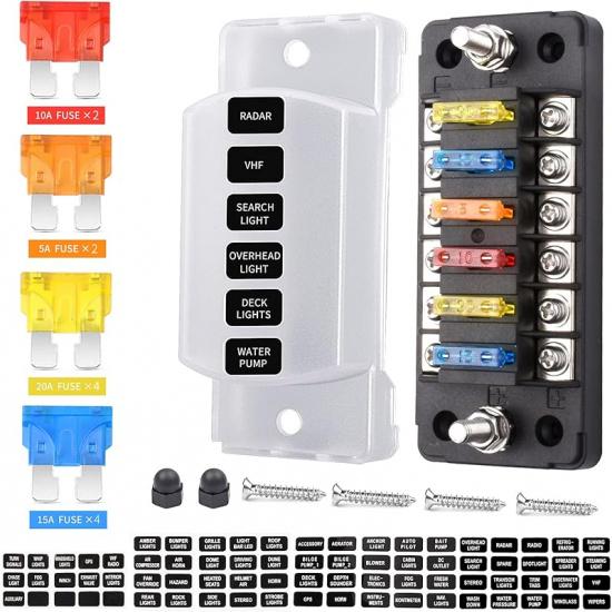 12-Way 12V Fuse Box Blade, 12-Volt Fuseholder, No LED Indicator, Moisture Resistant Cover - With Ground Bus 12-Way Independent Positive Fuseholder