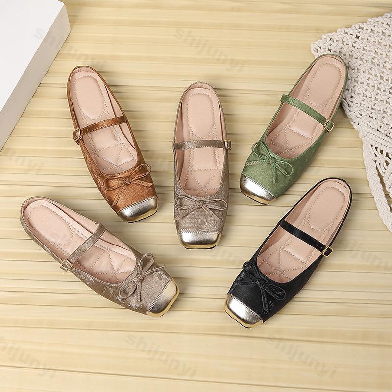 Fashion Flat bottomed color blocked bow design half slippers for women spring 2025 new elegant Mary Jane elegant casual cool slippers